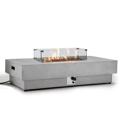 ReeQuo 60Inch Outdoor Fire Pit Table Propane, 2-Piece Concrete Large Rectangular Fire Table with...