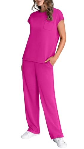 Image of WIHOLL 2 Piece Sets for Women Casual Summer Travel Vacation Outfits Cap Sleeve Lounge Set