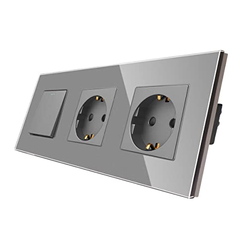 CNBINGO Doppelsteckdose mit Lichtschalter unterputz, Grau Wandschalter mit Glasplatte, mit Leuchtstoffpunkten, 1-Fach, 1- poliger Ausschalter