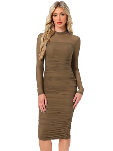 Image of Allegra K Mesh Dress for Women Long Sleeve Mock Neck Ruched Bodycon Dresses