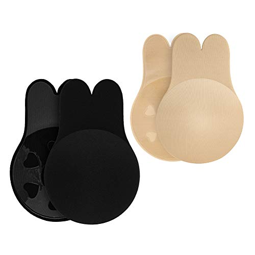 Fasionato 2 pares de cubiertas para pezones con elevación de senos Pastillas de silicona reutilizables 1 par de beige y 1 par de negro Viene con 1 par de pétalos de satén desechables sin pezón de (M)