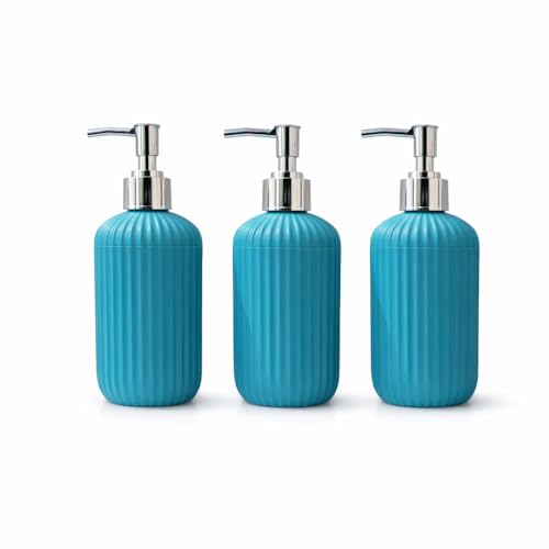 Image of LAGET 300ml Soap Dispenser for Wash Basin - Plane Ribbed Design | Kitchen and Bathroom Accessories Items | Refillable Handwash Dispenser Bottle- Set of 3 (Blue)