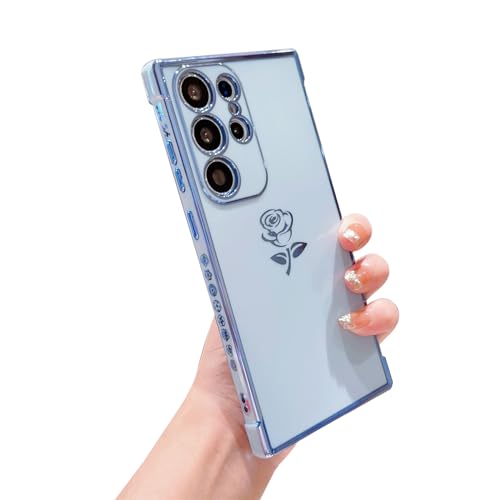 XAYAH for Samsung Galaxy S24 Ultra Case Cute Rose Flower Luxury Plating Full Camera Lens Cover Protection Shockproof Soft Silicone Bumper S24 Ultra Phone Case 6.8' for Women Men (Blue)