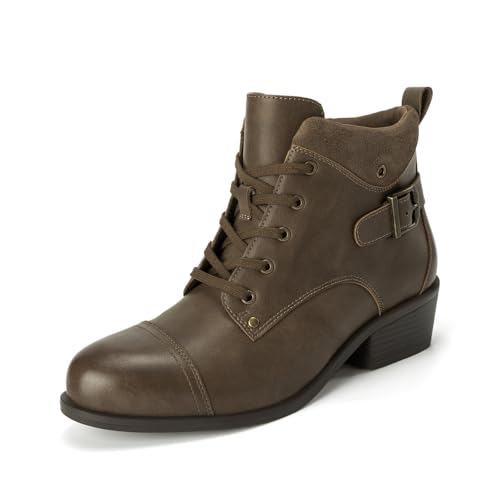Athlefit Women's Short Ankle Boots Chunky Low Heel Round Toe Taupe Boots Comfortable Lace Up Fashion Zipper Booties Size 8