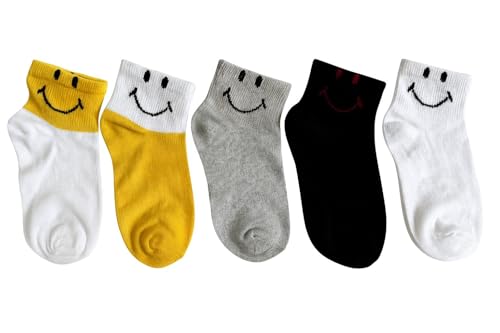 Calmera Socks 5-Pairs Women’s Multicolor Cotton Smiley Face Ankle Socks, One Size 5.5-10.5
