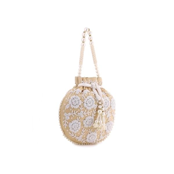 Priyaasi Yellow Pearl Beaded Floral embroidery Design Potli Bag - Image 3