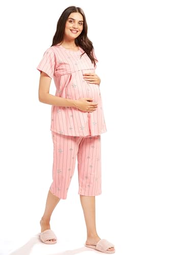 Image of AV2 Women's Cotton Printed Maternity & Feeding Night Suit Set of Top & Relaxed Capri Nursing Night Dress -2124