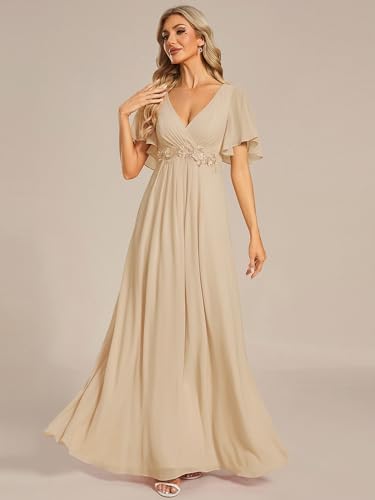 Image of Ever-Pretty Womens V Neck Applique Mother of the Bride Dresses Formal Dress | Chiffon, Short Sleeves, Ruched, A-Line, Bridesmaid Dresses, Formal Gown, Black Tie Dress