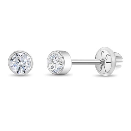 14k White Gold Little Girls 3mm Bezel Set Round Simulated Birthstone Screw Backs, Elegant Stud Earrings for Babies and Toddlers- Safety Screw Back Locking for Children, Cute Bezel Studs for Girls