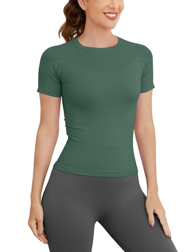 Image of MathCat Short Sleeve Workout Tops for Women, Seamless Women's Compression Shirt, Yoga Running Athletic Shirts Soft Gym Tops