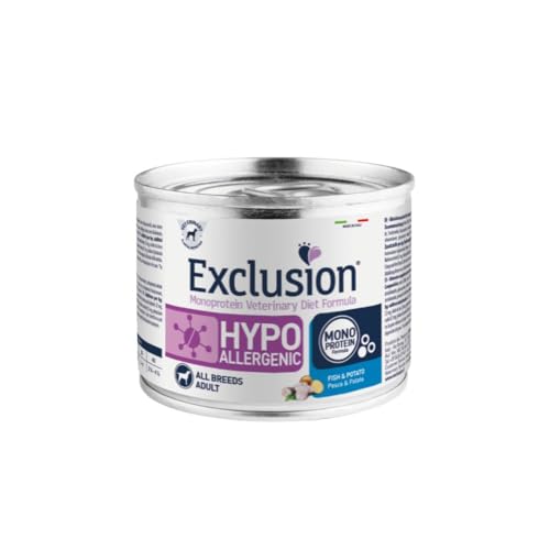 Exclusion Hypoallergenic all breeds per cani adulti di tutte le taglie, gusto PESCE e PATATE, ipoallergenico | 6 scatolette da 200 grammi l'una.