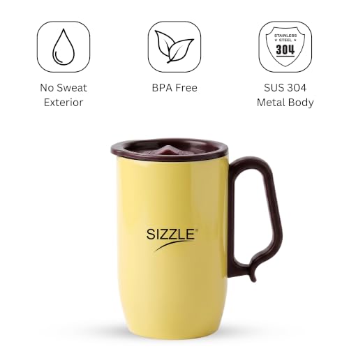 Image of Sizzle Stainless Steel Tea Coffee Mug with Lid, Wide Mouth, 400 ml Travel Mug for Men, Women & Kids, Gift Mug, Yellow