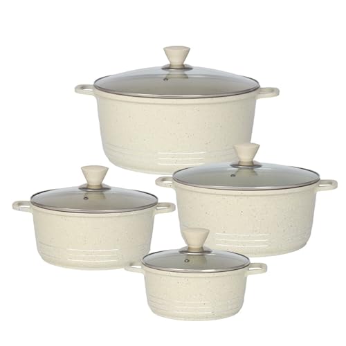 GRACE KITCHEN Cookware - 4Pc Die Cast Aluminium Non Stick Casserole Pots with Lids – Induction Stockpot Set for All Hobs – Tempered Glass Lids with Steam Vent