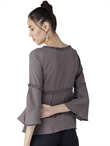 Image of Style Quotient Grey Polyester Solid Flared Sleeves Casual Tops