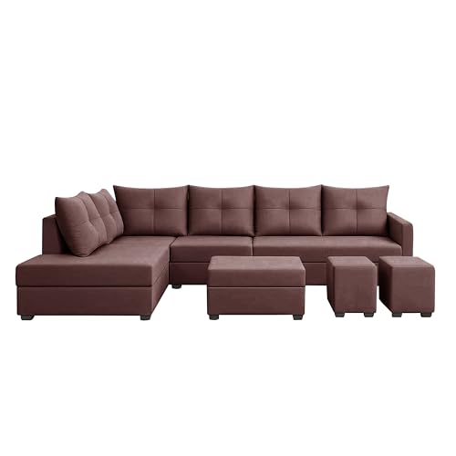 Image of Wood 8 Seater Sofa Set with Ottoman & Stools | Velvet Fabric Upholstery | Modern L Shape Wooden Frame Couch for Living Room, Home & Office (Brown)