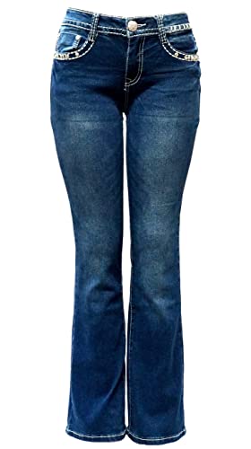 La Idol Jack David U-Cute Rose 2 Rhinestone Studded Medium & Dark Wash Denim Bootcut Flap Pocket Jeans #TOP2