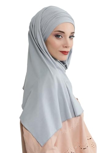 Aisha's Design Instant Hijab Scarves for Women, 95% Cotton Pretied Bonnet Turban & Jersey Shawl Head Wrap Premium Lightweight and Breathable Hijab for Women, Easy to Wear Cotton Headscarf, Light Grey