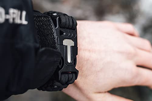 WIKA Survival Armband, Paracord, Feuerstein, Schaber, Signalpfeife, größenverstellbar (Schwarz)