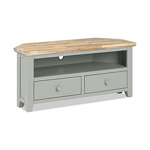 Florence TV corner unit with 2 drawers. Quality corner TV cabinet in Sage Green colour with shelf and cable access. FULLY ASSEMBLED Cover