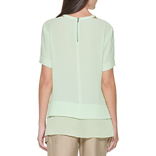 Dkny Womens S/S Cut Out Neck Top W/Chiffon Hem, Lazer, Small Us #TOP1