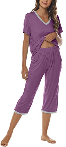 Image of JINSHI Women's Pajamas Set Short Sleeve Top and Capri Pants Lightweight Sleepwear Comfy Pjs Lounge Set with Pockets