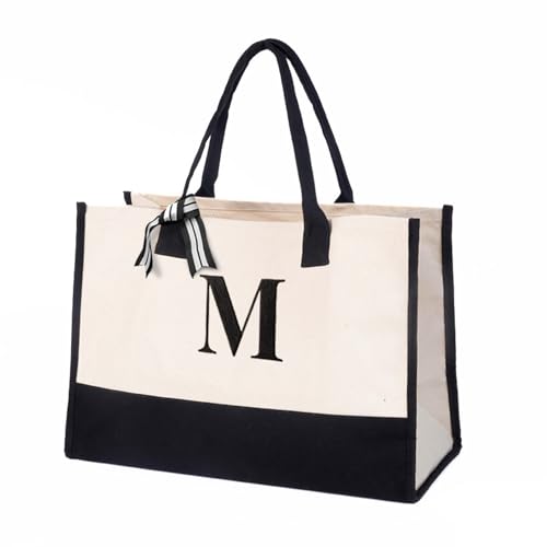 Salt Earth Personalized Initial Tote Bag for Women, 100% Cotton Canvas Tote Bag, Large Beach Grocery Utility Tote, Custom Monogram Reusable Shopping Bag for Work Travel Everyday Use