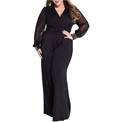 HHMY Mono festivo para mujer, tallas grandes, traje de pantalón para mujer, tallas grandes, mono sexy, manga larga, cuello en V, elegante, largo, mono de malla, para bodas y fiestas, Negro , XXL