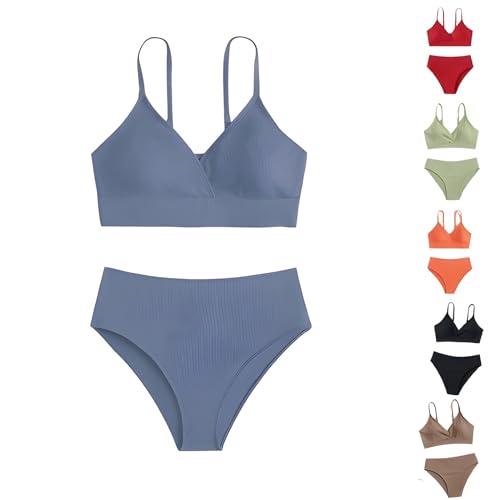 Teen Girls Swimsuits Two-Piece V-Neck Bikini Adjustable Shoulder Straps Swimsuit Kids Bikini Bathing Suits (Blue, 12-14 Years)