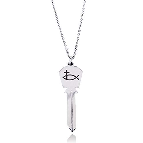 Tioneer Stainless Steel Ichthus Cross Fish Hexagon Head Key Charm Pendant Necklace