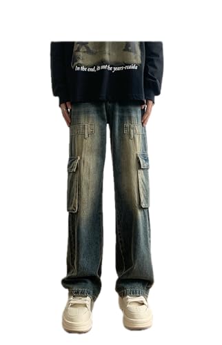 Jeans Pants Trousers Denim Vintage Workwear with Men's Design Sense Multiple Pockets Loose Straight Leg