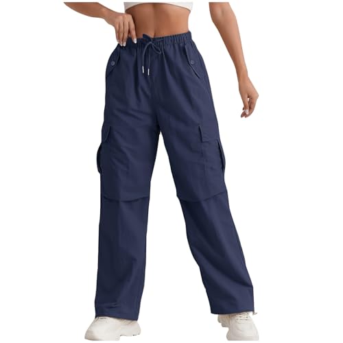 Baggy Cargo Pants Women Trendy High Waisted Drawstring Parachute Pants Lightweight Hiking Trousers with Pockets Womens Cargo Sweatpants Winter Hiking Pantalones Women Parachute Pantalonescargos