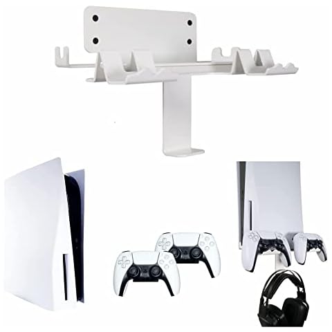 Q-View PS5 Wall Mount Bracket Stand 4 in 1 Shelf with Headphone Stand & Dual Controller Mounts - Disc and Digital Compatible - Cable Management - The Ultimate PS5 Accessories (White) Cover
