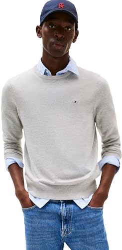 Tommy Hilfiger Uomo Pullover Essential Cotton con Scollo Rotondo, Grigio (Light Grey Heather), XXL