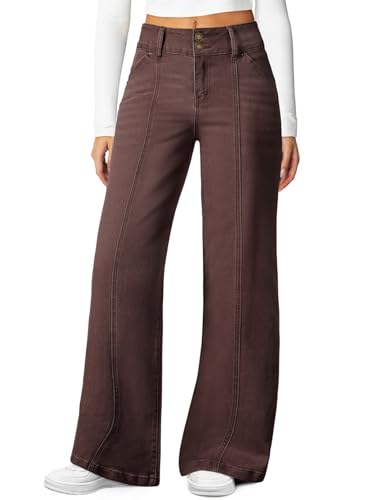 Sidefeel Jeans for Women High Waisted Wide Leg Jeans Stretchy Straight Jeans Trendy Seamed Front Loose Fit Denim Pants Coffee Size 12