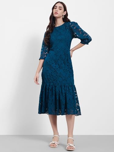Image of Styli Women Self Design Lace Bodycon Midi Dress | Elegant One Piece Dress for Women | Stylish Outfit for Party, Casual & Everyday Wear