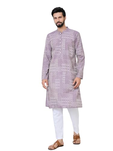 Image of See Designs Men's Full Sleeve Mandarin Collar Floral Embroidered Mandarin Collar Thread Work Straight Long Kurta - Festive Collection