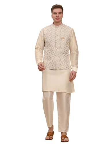 Mens Indian Traditional Silk Kurta Set With Jacket For Men Floral Design (C-112)