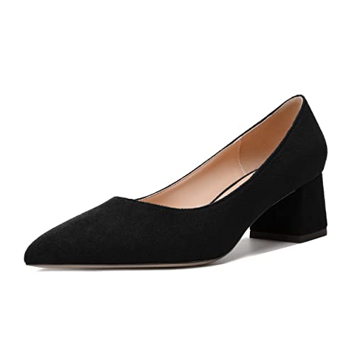 MODENCOCO Womens Pointed Toe Office Work Slip On Suede Casual Chunky Low Heel Pumps Dressy Shoes 2 Inch