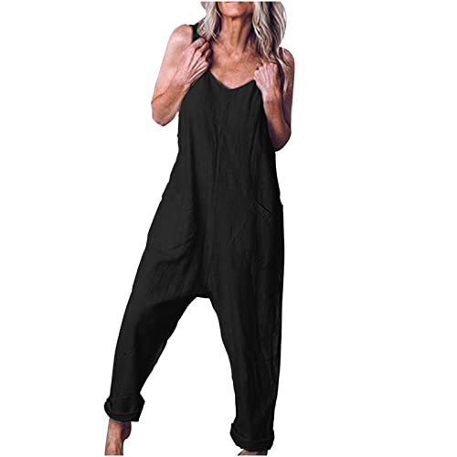 Linen Overalls for Women Summer Loose Fit Straight Leg Plain Long Leg Jumpsuits Pant Unitard Women 2025 Fashion Y2K