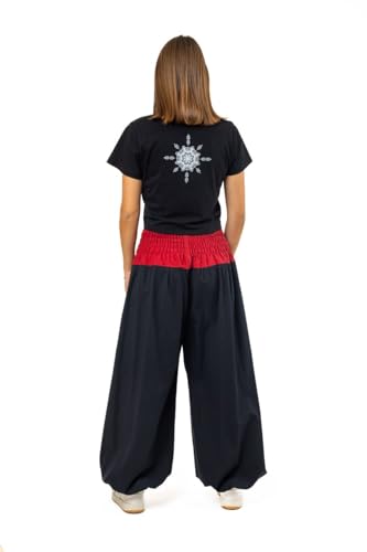 Sarouel bouffant mixte mandala rouge avec taille élastique ajustable noire