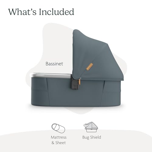Image of UPPAbaby Bassinet V3 - Compatible with Vista, Cruz, Ridge Strollers - Overnight Sleep Solution - Mattress, Sheet and Bug Shield Included - Callum (Stone Blue /Silver Frame)