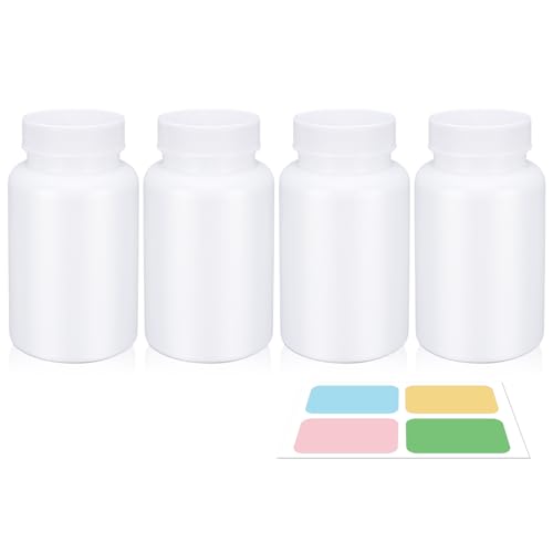 Image of White Pill Bottle, Empty Medicine Bottles with Screw Caps for Pills Capsules Vitamins, Food Grade Plastic Medicine Containers with Labels for Travel (6.7oz /200ml, 4 Pcs)