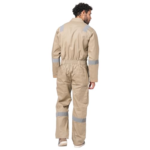 FRENCH TERRAIN® Men's 100% Cotton Industrial Boiler Suit (Work Wear Coverall/Dungarees) with Reflective Tape, 200 GSM.(Col. Beige, Size 50-5XL)
