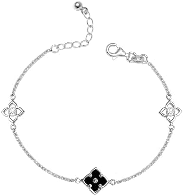LeCalla 925 Sterling Silver Jewelry Mother of Pearl and CZ Flower Bracelet Adjustable Malachite Flower Bracelet for Women Teen 8 Inches