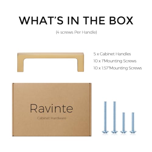 Image of Ravinte Champagne Bronze Kitchen Cabinet Solid Handles,3-1 /2 Inch,5 Pack | Solid Zinc Alloy, Modern Slim Style, Square Design, Deep-Thread Firm Base, Screws Included, for Kitchen Drawers & Cupboards