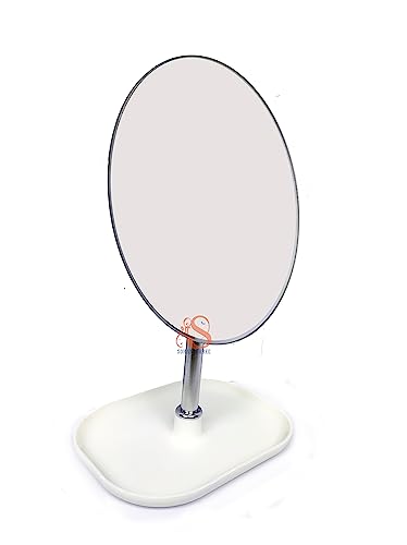 Image of Tabletop Removable Handle Makeup Unframed Rectangular Vanity Mirror Beauty Make up Cosmetic Stand for Shaving & Makeup Bedroom Bathroom (Plastic Base - Round)