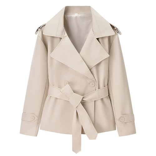 Image of Momuk Women's Oversized Short Trench Coat Loose Lapel Belted Double Breasted Cropped Windbreaker Casual Jacket with Pockets (Beige M)