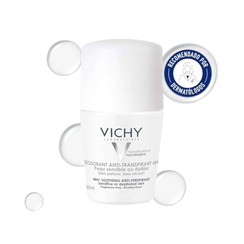 Protege tu piel con Vichy Desodorante Roll-On. Fórmula sin alcohol y sin perfume para pieles sensibles. Ofrece protección efectiva de 48 horas contra el sudor y los olores. Calma la irritación y evita marcas blancas, ideal para ti.
