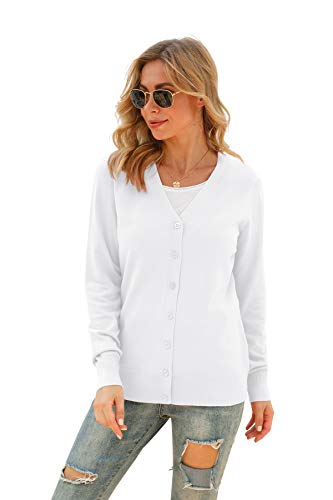 Viishow Women's V-Neck Button Down Knitwear Long Sleeve Soft Basic Knit Cardigan Sweater, Pure White, Medium #TOP1