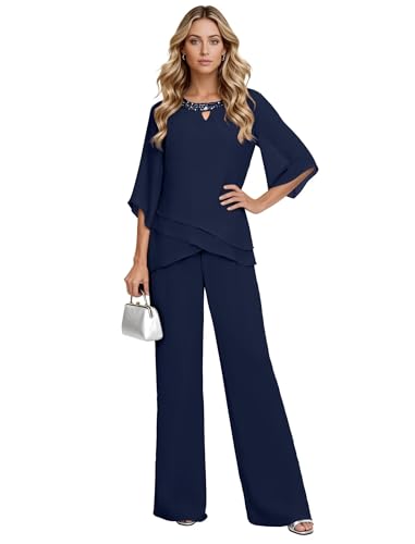 Navy Blue Sparkly Sequin 2 Pieces Chiffon Mother of The Bride Pant Suit for Wedding Dressy Flutter Sleeve Formal Grandmother Pant Suits Navy Blue 14